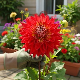 Økologisk Dahlia Manhattan Island XXL - stor rød blomst med gul midte, 1 løg, Florex Økologisk Dahlia 'Manhattan Island' XXL fra Florex, stor dybrød blomst med tydelig gul midte, op til 25 cm i diameter, rig blomstring fra sommer til efterår, sælges som 1 løg