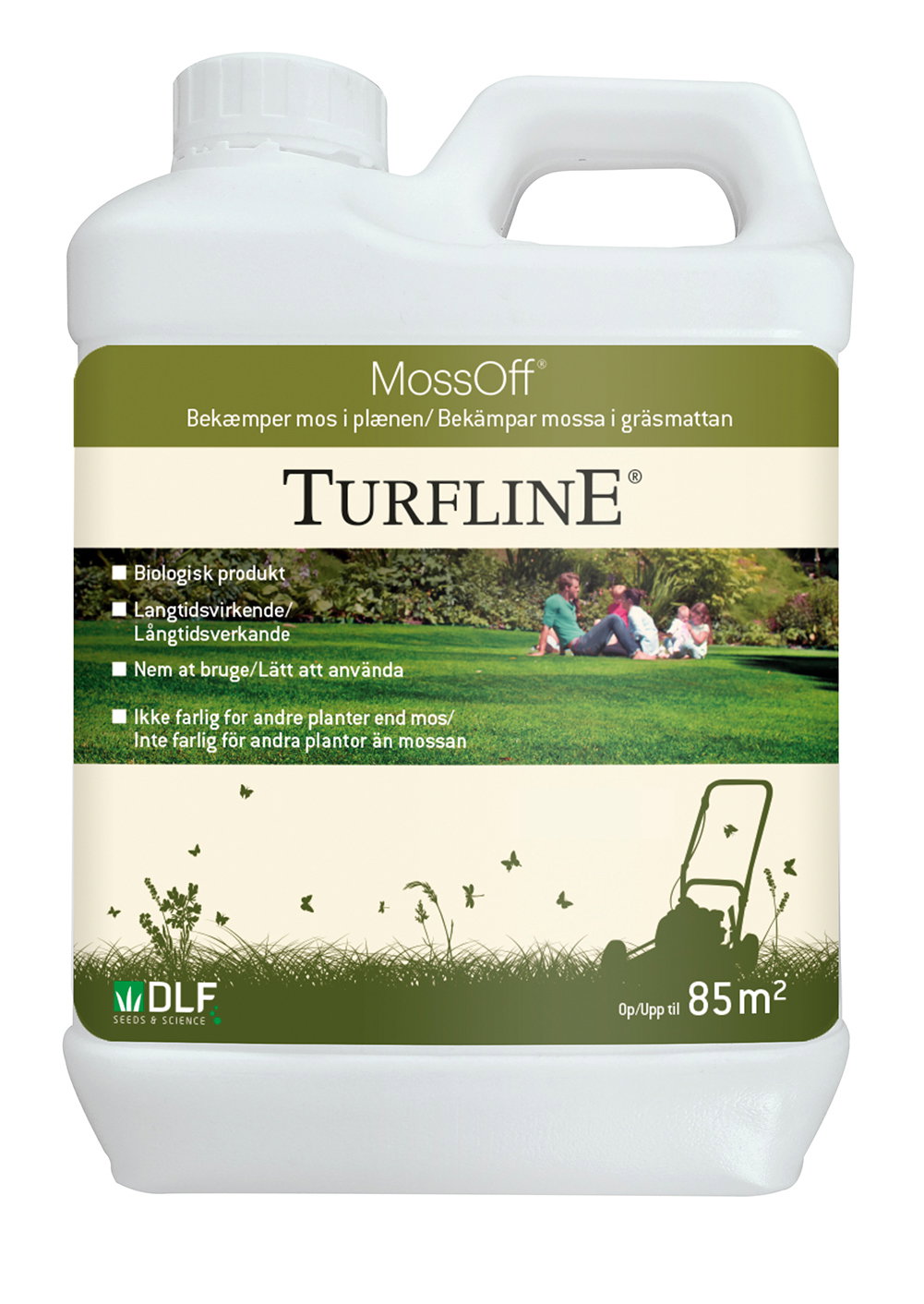 TURFLINE MossOff mosfjerner til græsplæne Dunk med TURFLINE MossOff biologisk mosfjerner