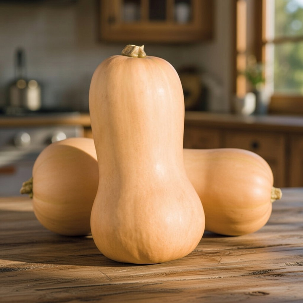 Butternut squash (Waltham) på træbord i køkken, bleg hård skal og orange kød - økologisk frøsort fra Buzzy Organic, egnet til supper, bagning og vinteropbevaring