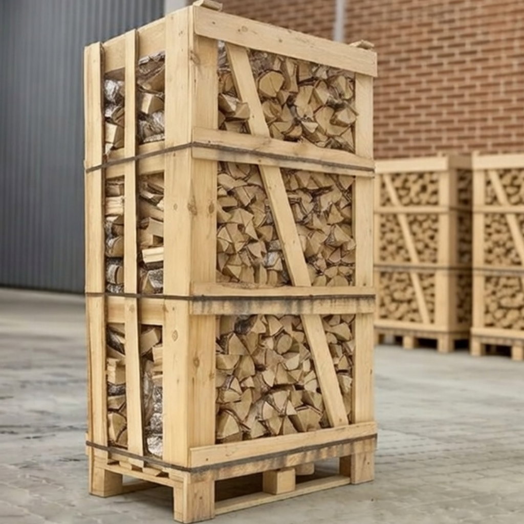 Lufttørret birkebrænde stablet i trækasse på palle, velegnet til åbne pejse og brændeovne. Hyggebrænde med karakteristisk hvid bark – produkt: Lufttørret Birk - stablet brænde (BMB)