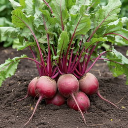 Økologisk Rødbedefrø 'Turnip Egyptian' – Buzzy Organic, 1,5 g | Nem at dyrke, til bagning, syltning eller rå Nærbillede af økologiske rødbeder (Turnip Egyptian) med runde røde rødder og grønne toppe i jord. Etårig sort, frø 1,5 g fra Buzzy Organic – velegnet til bagning, sylting eller at spise rå.