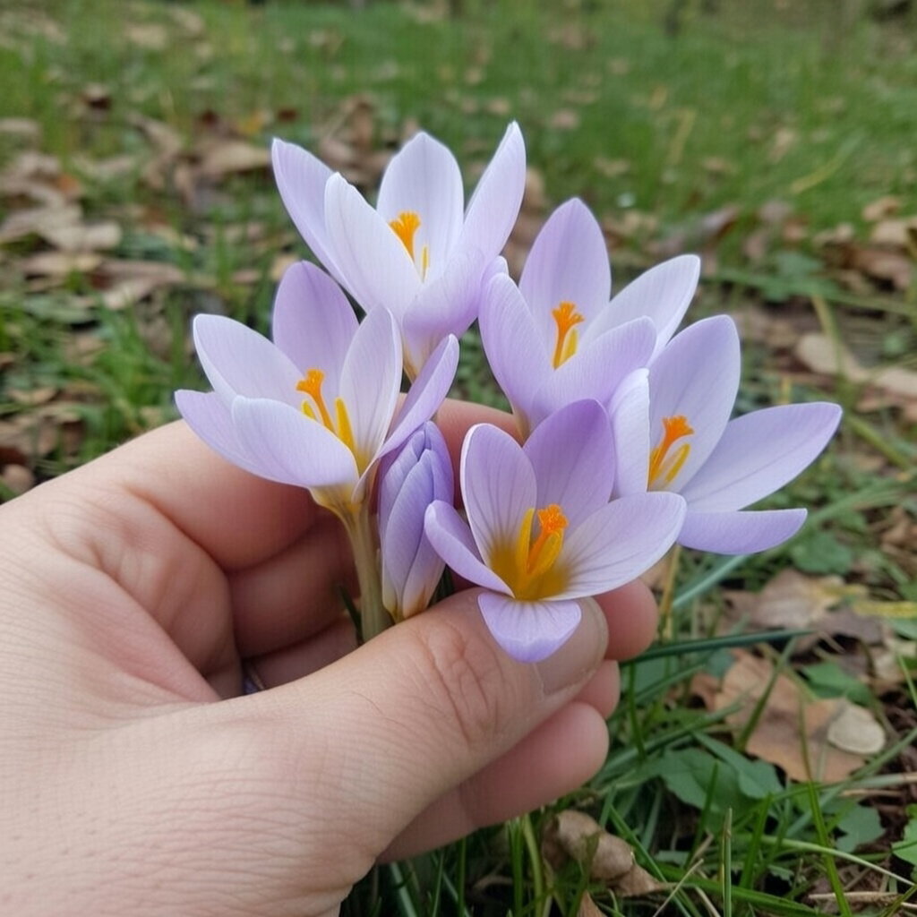 Hånd holder en lille buket lyse lavendel-hvide Vild krokus (tommasinianus) med lys gul midte; nektarrige forårsbebudere, ideelle til at plante enkeltvis eller i grupper - pakke med 15 løg fra Sperli