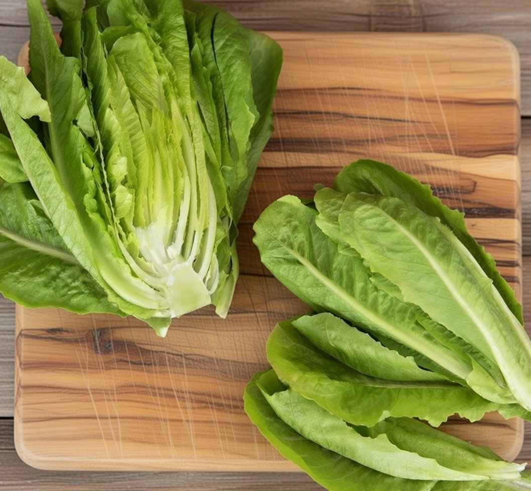 Romainesalat 'Paris White' friske lysegrønne, aflange blade på skærebræt. Romainesalat frø fra Horti Tops, nem at dyrke og perfekt til salater