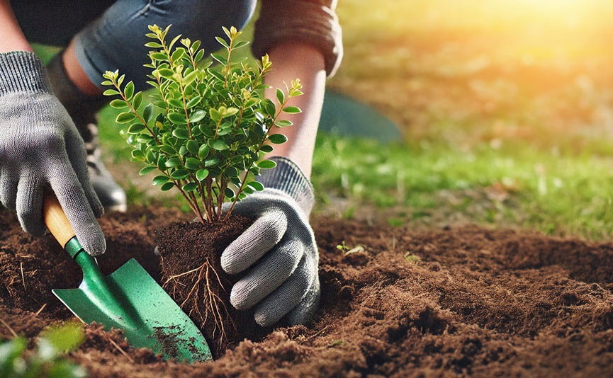 Plantning af lille busk med havehandsker og spade i jord ved solskin Nærbillede af hænder i havehandsker, der planter en lille busk med synlige rødder i fugtig jord ved solskin