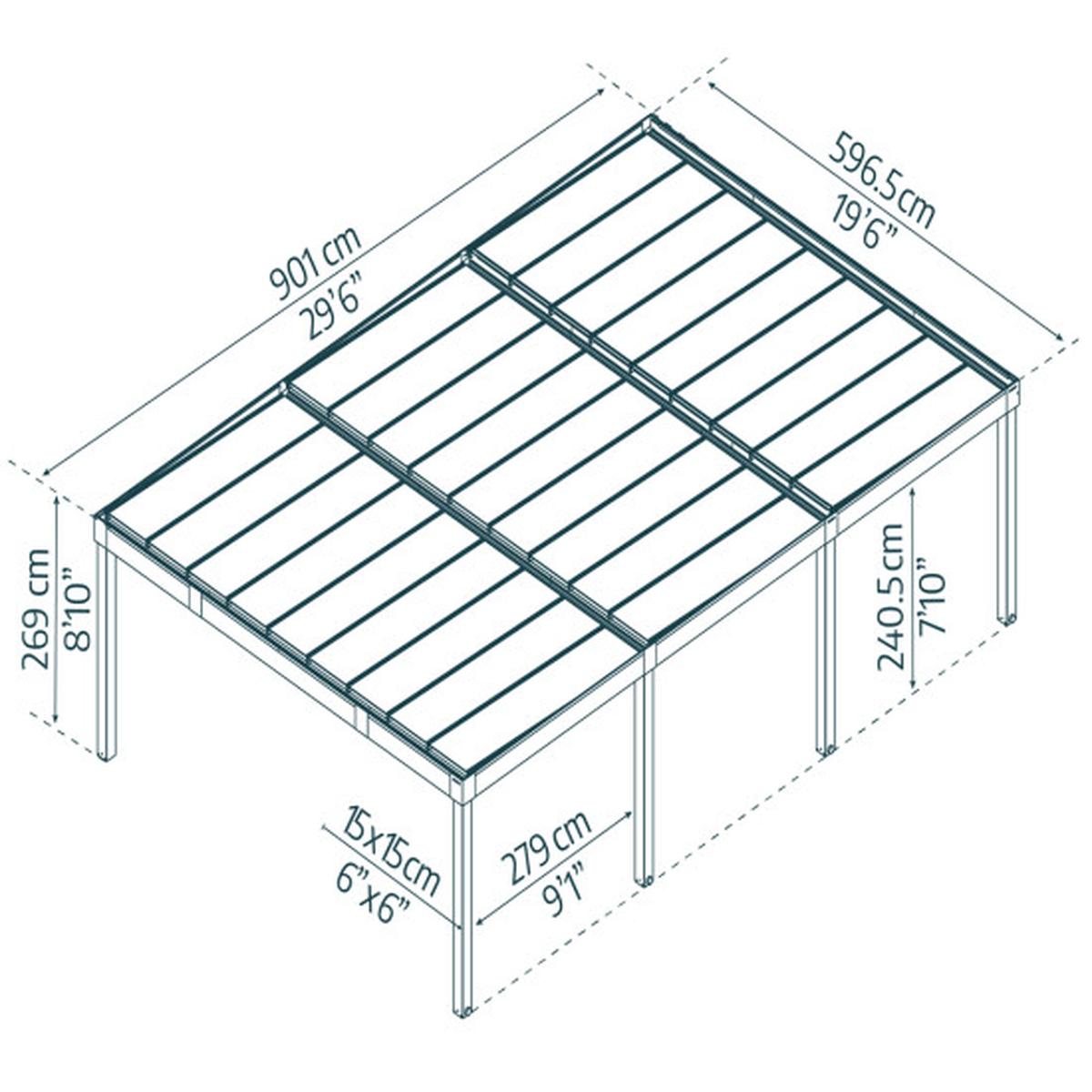 Tegning af terrasseoverdækning 901x596,5x269 cm