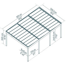 Terrasseoverdækning 901x596,5 cm med mål Tegning af terrasseoverdækning 901x596,5x269 cm