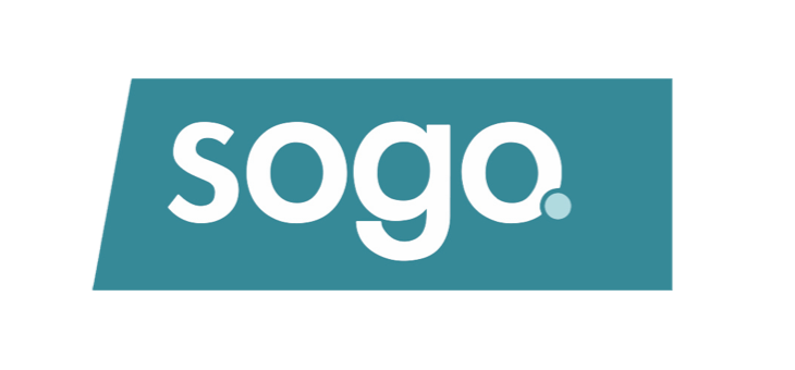 Sogo-logo med hvid tekst på turkis baggrund