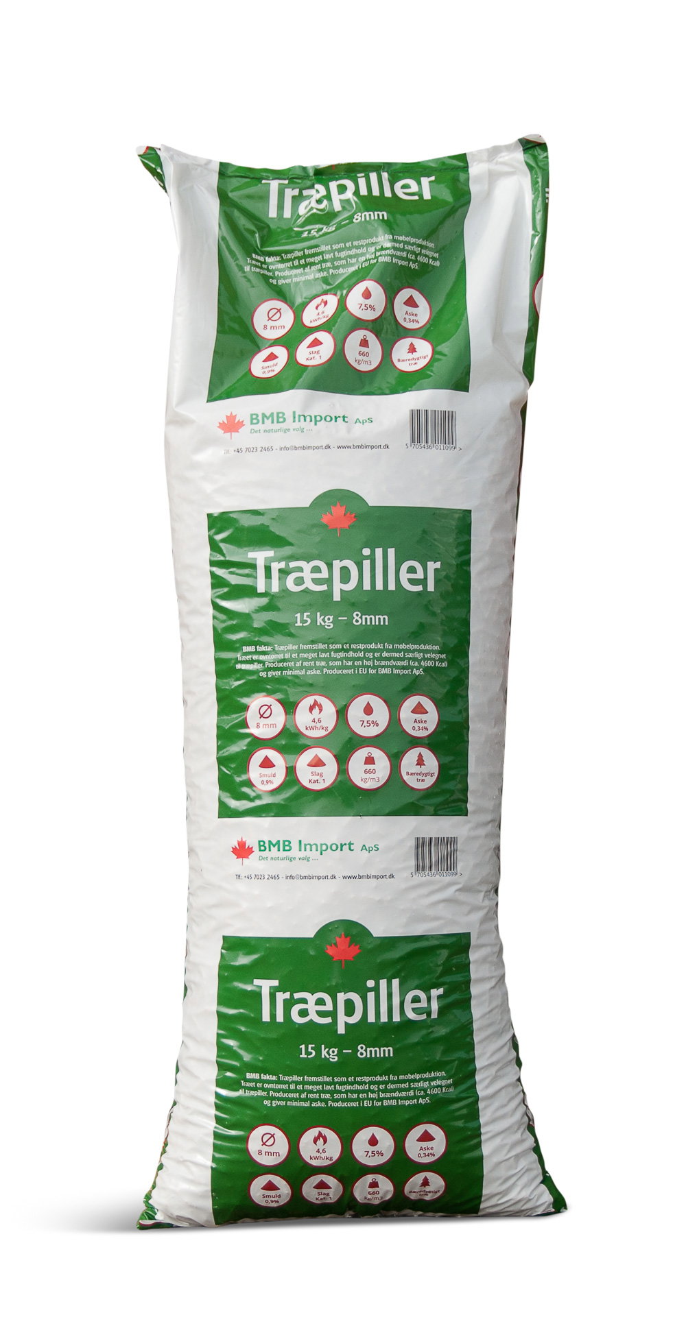Træpiller 15 kg 8 mm BMB Import Sæk med træpiller 15 kg 8 mm fra BMB Import