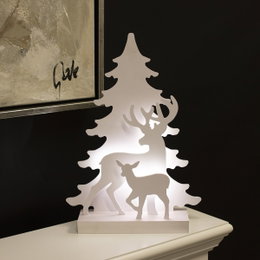 Hvid julelampe med rensdyr og grantræ Dekorativ hvid LED-julelampe med rensdyr