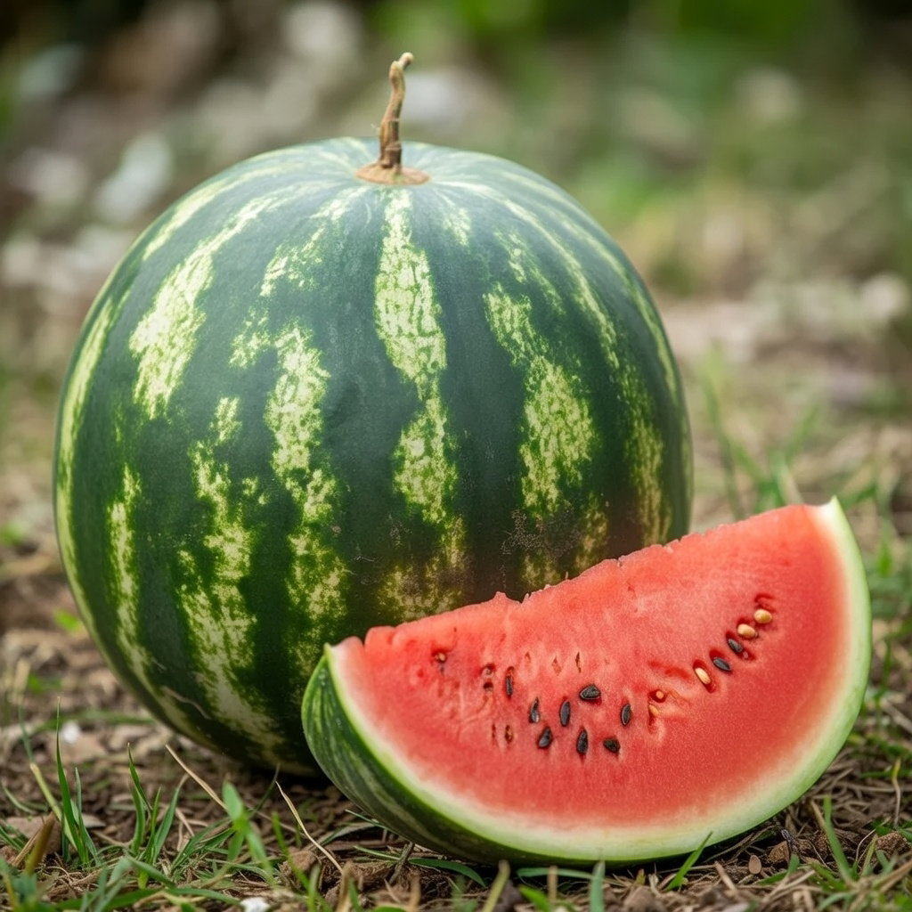 Moden Crimson Sweet vandmelon med skive, rød saftig frugt og synlige sorte kerner. Produkt: Økologiske vandmelonsfrø 'Crimson Sweet' fra Buzzy Organic til dyrkning i drivhus eller friland, sås apr-maj, høst juli-okt.