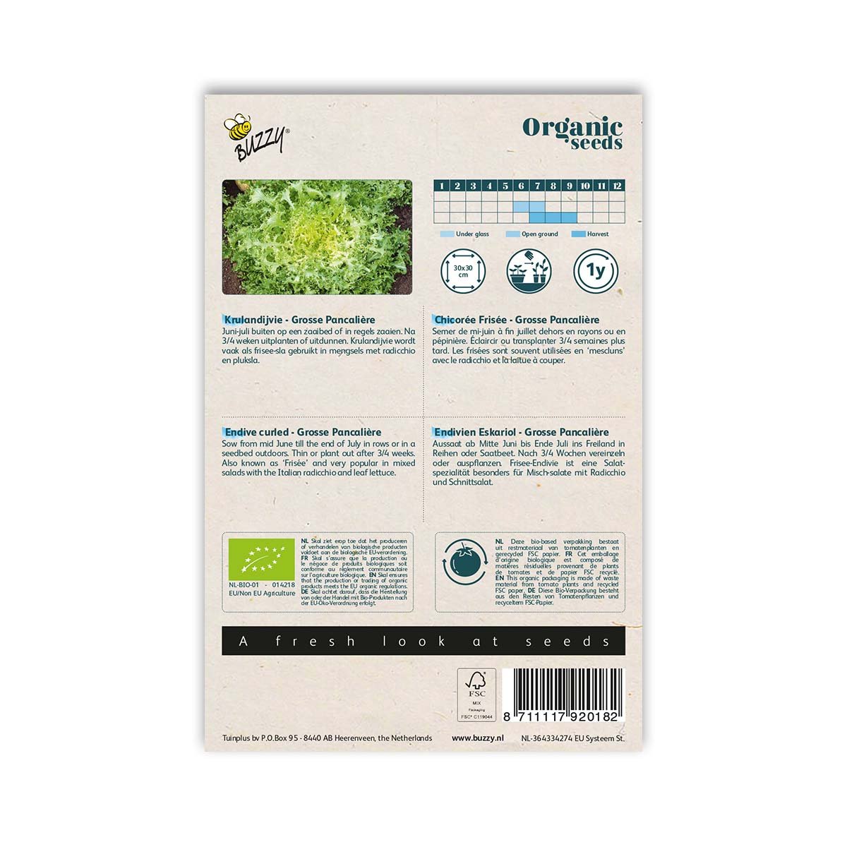 Økologiske frisésalat frø fra Buzzy Seeds Bagside af pakke med økologiske frisésalat frø