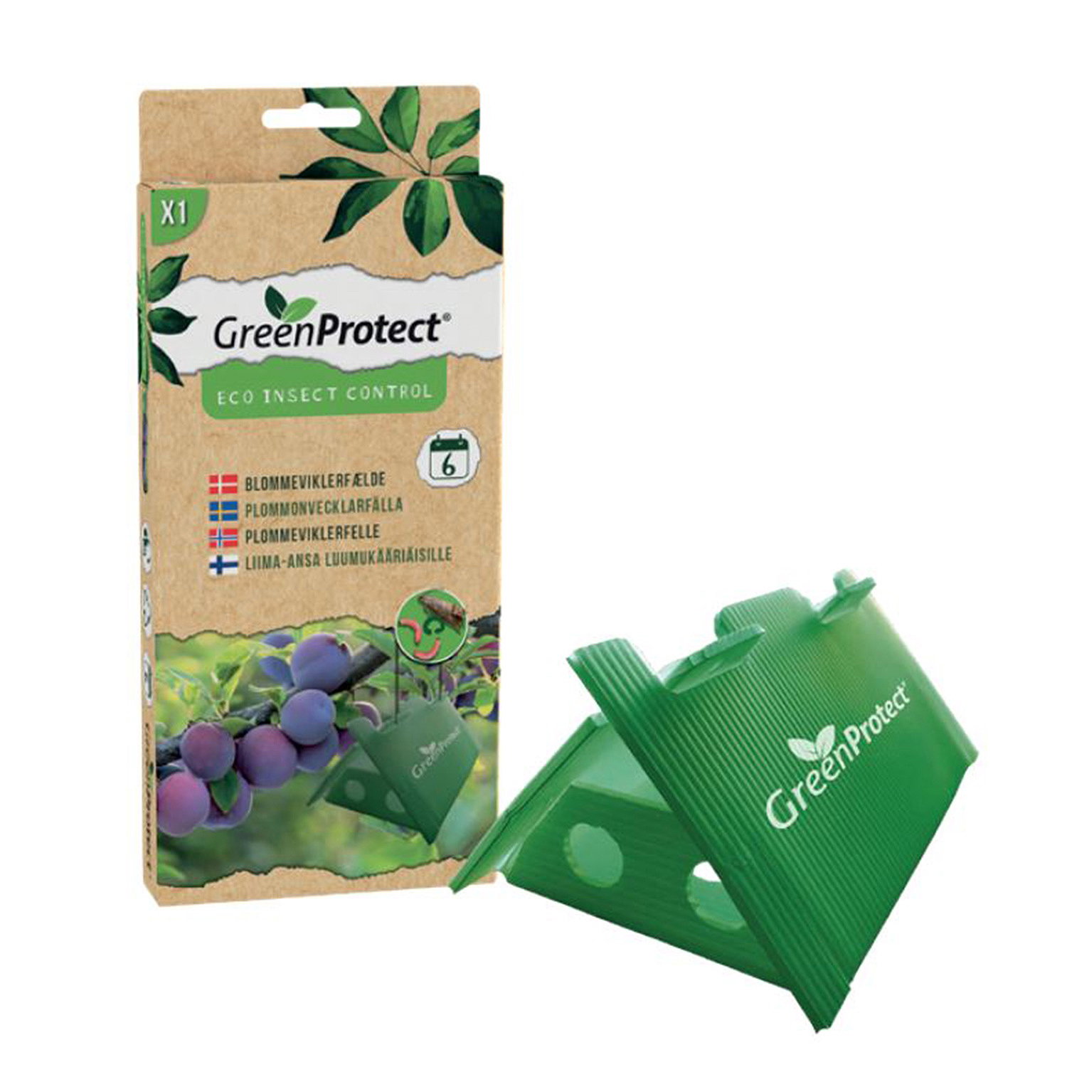 GreenProtect Blommevikler fælde mod orm – grøn foldbar feromonfælde til overvågning og reduktion af blommevikler i frugthave Produktfoto af GreenProtect Blommevikler fælde med emballage: grøn foldbar feromonfælde ved siden af kartonæske med blommeillustration, til insektfri overvågning og bekæmpelse af blommevikler i private frugthaver