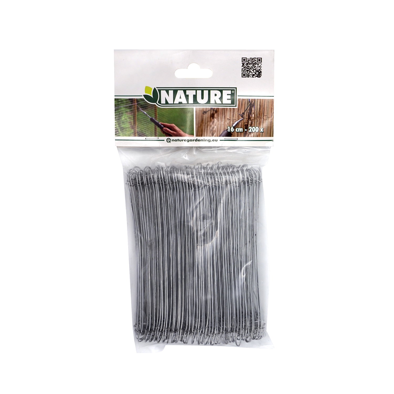 Pose med 200 galvaniserede trådsamlere (L16 cm x Ø1 mm) fra Nature, til samling og fastgørelse af trådhegn, net og udendørskonstruktioner; velegnet til brug med trådsamler-værktøj