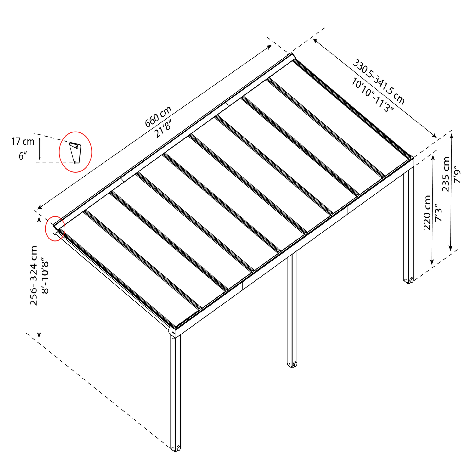 Isometrisk tegning af pergola med mål i cm og tommer