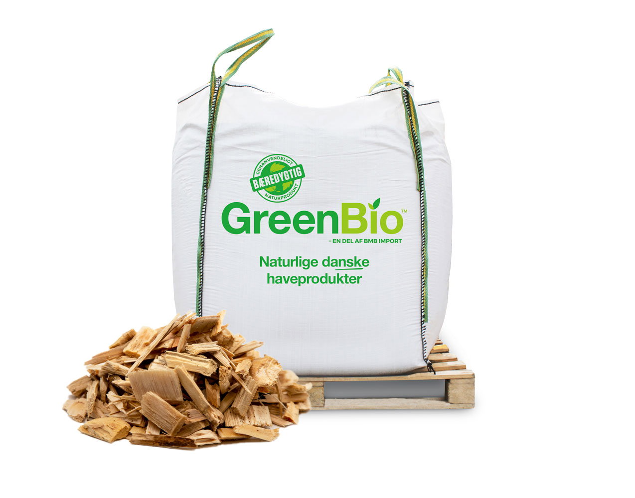 Stor GreenBio bigbag med træflis på palle