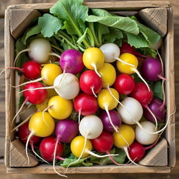 Mix Radise frø - farverig 5-sorters blanding fra Horti Tops | Køb online Billede af Mix Radise frø blanding med 5 sorter (gul Zlata, rund hvid, Rød Scarlet Globe, halv hvid/halv rød, lilla Viola) i trækasse; friske, farverige radiser fra Horti Tops