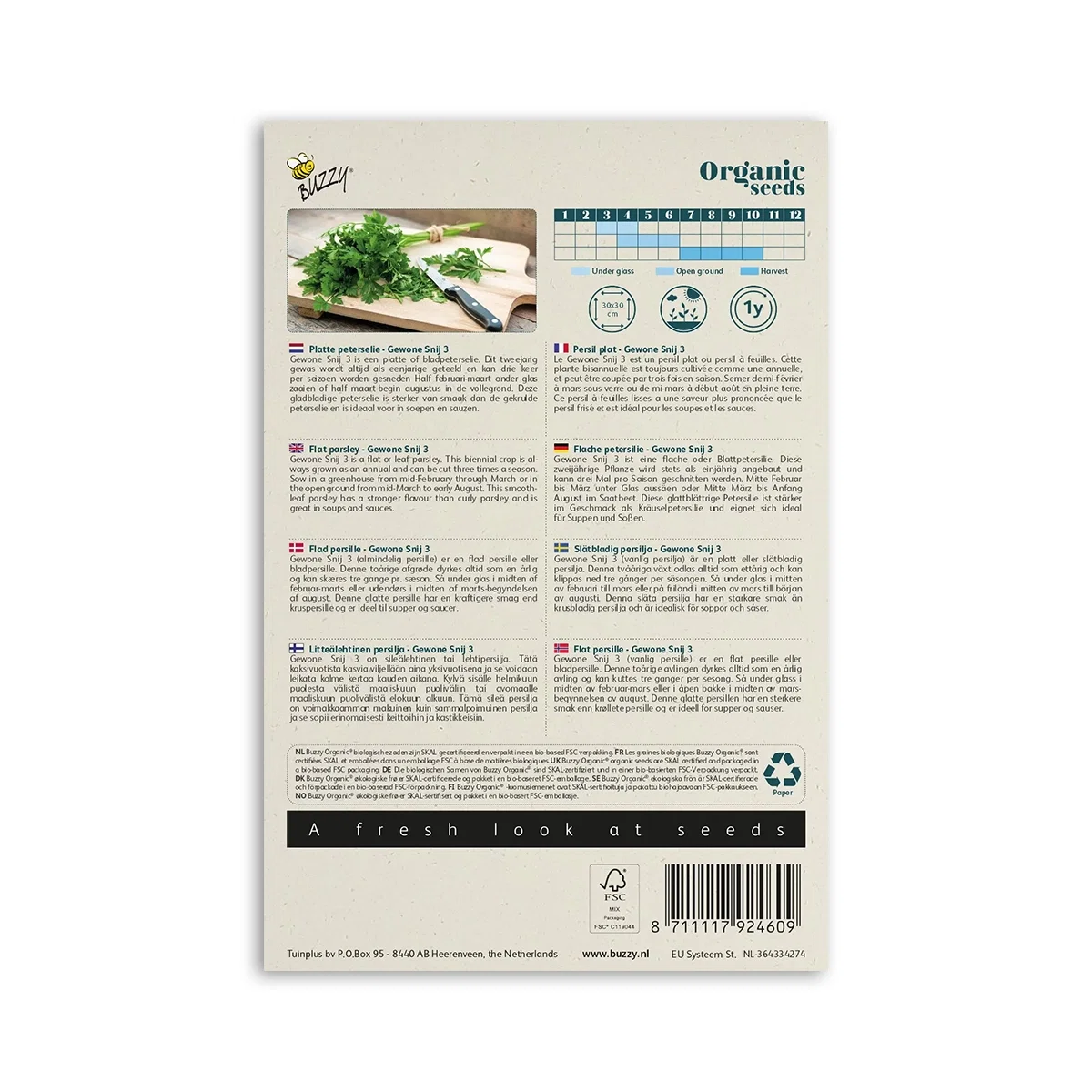 Bagside af frøpakke med økologisk bredbladet persille fra Buzzy Organic, viser foto af friske persilleblade, dyrkningsinfo, såtip og kalender – velegnet til krukker og køkkenhave