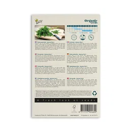 Økologisk bredbladet persille frø - Buzzy Organic Bagside af frøpakke med økologisk bredbladet persille fra Buzzy Organic, viser foto af friske persilleblade, dyrkningsinfo, såtip og kalender – velegnet til krukker og køkkenhave