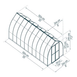 Drivhus Bella 14,7 m² (2,44 x 6,04 m) sølv Palram/Canopia, klokkeformet design med høje dobbeltdøre, rustfri aluminiumsramme, galvaniseret stålbund, slagfaste UV-beskyttede dobbeltvæggede polycarbonatpaneler og tagventilation