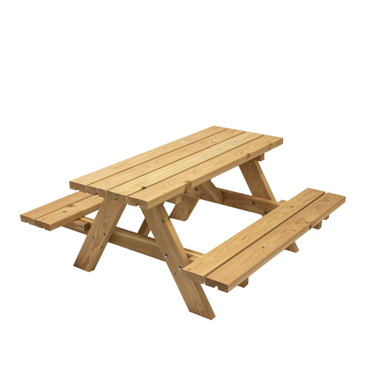 Junior bord/bænksæt i massivt lærk med 42 mm bordplade og sæder, robust udendørs picnicbænk designet til børnehave- og skolebørn med god benplads og tidløst nordisk design fra NORDIC PLAY Active
