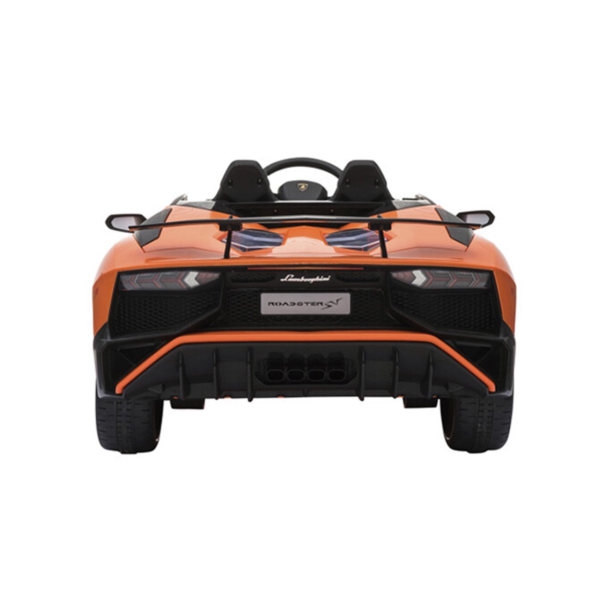 Bagfra-visning af orange Lamborghini elbil til børn