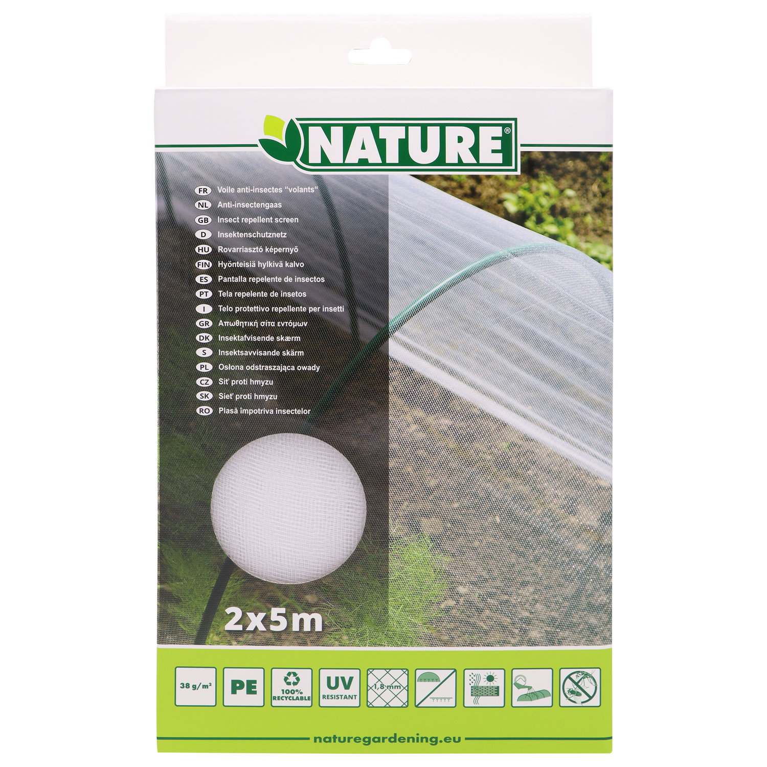Nature Insektnet 2 x 5 m – let og slidstærkt insektbeskyttelsesnet til køkkenhaven Produktbillede af Nature Insektnet 2 x 5 m i emballage, hvidt fintmasket net til beskyttelse af grøntsager, kål og bær mod insekter; åndbart, UV-resistent og genanvendeligt
