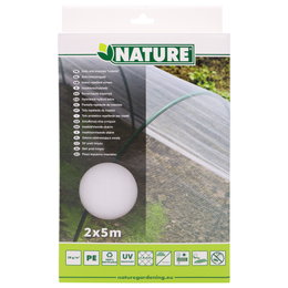 Nature Insektnet 2 x 5 m – let og slidstærkt insektbeskyttelsesnet til køkkenhaven Produktbillede af Nature Insektnet 2 x 5 m i emballage, hvidt fintmasket net til beskyttelse af grøntsager, kål og bær mod insekter; åndbart, UV-resistent og genanvendeligt