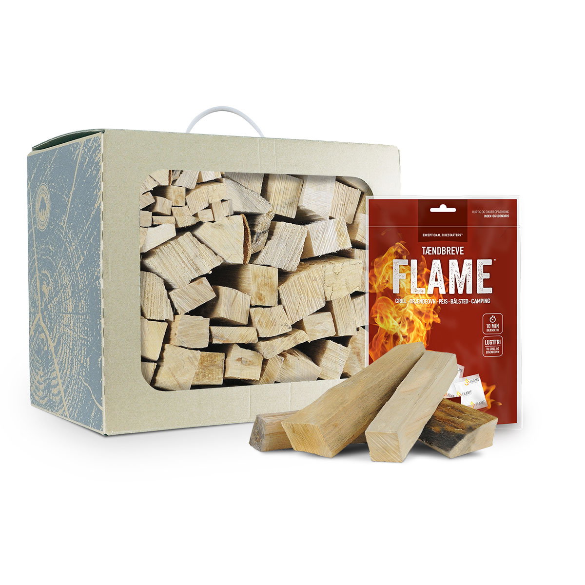 Optændingsbrænde med tændbreve FLAME sæt Kasse optændingsbrænde med FLAME tændbreve pakke