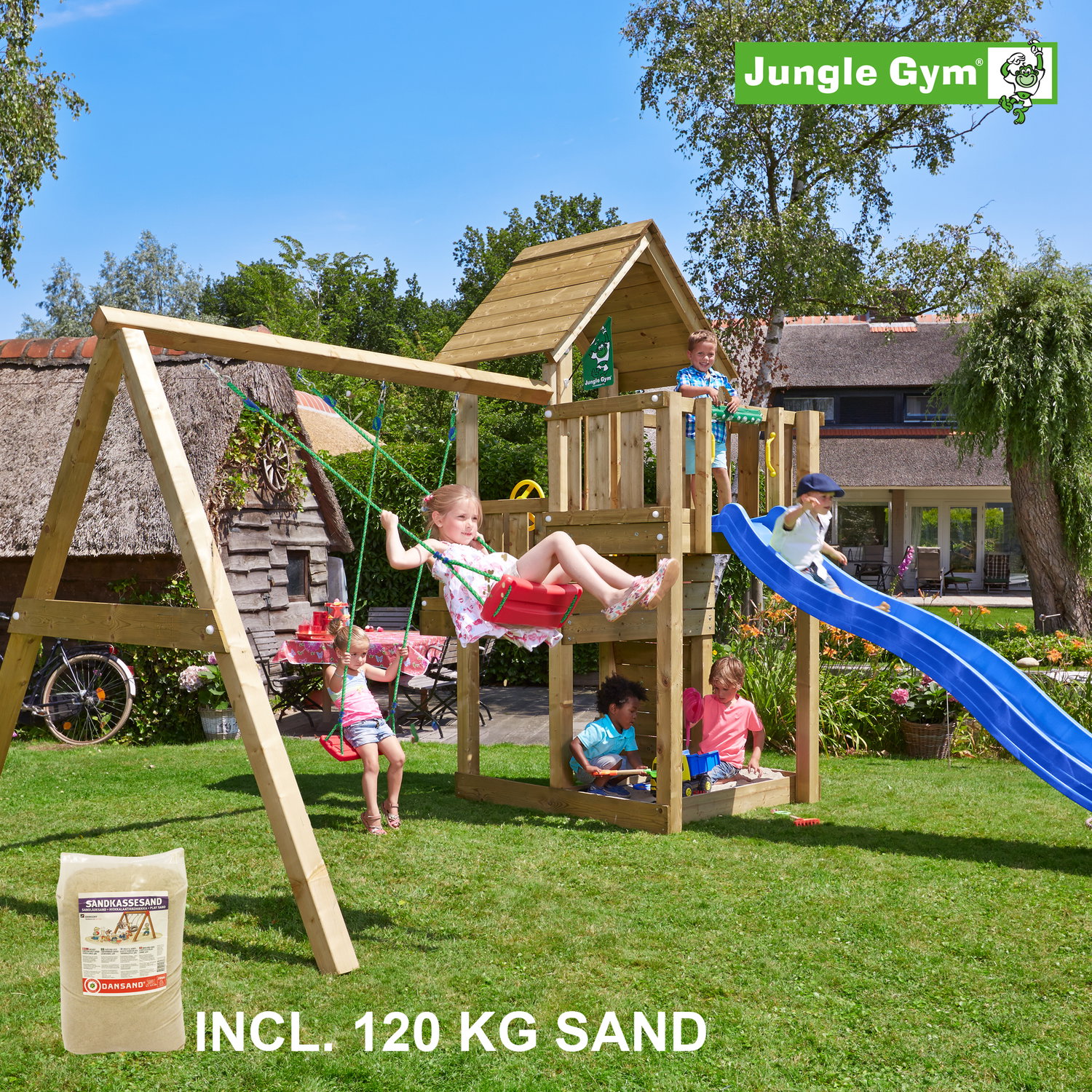 Jungle Gym legeplads med gynge og rutsjebane Træ legeplads med gynger, rutsjebane og 120 kg sand