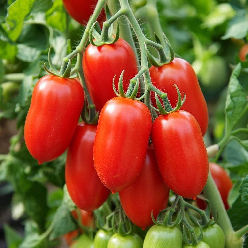 Klaser af røde økologiske Roma VF blommetomater på stilk, små buttede frugter med tynd skal og rig tomatsmag – velegnet til henkogning, saucer, salat eller frisk spisning. Frø fra Buzzy Organic.
