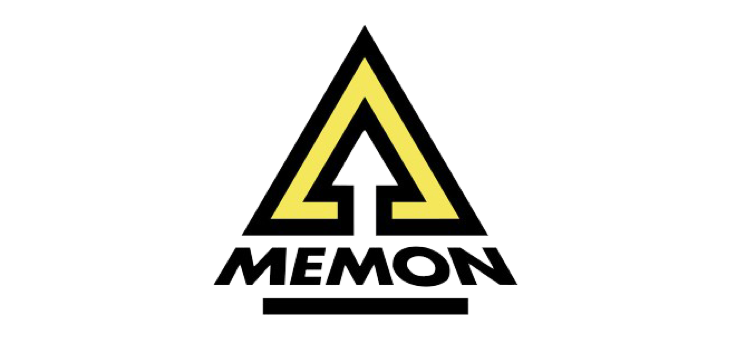 Memon logo: sort og gul trekant med indvendig opadgående pil og teksten MEMON under symbolet