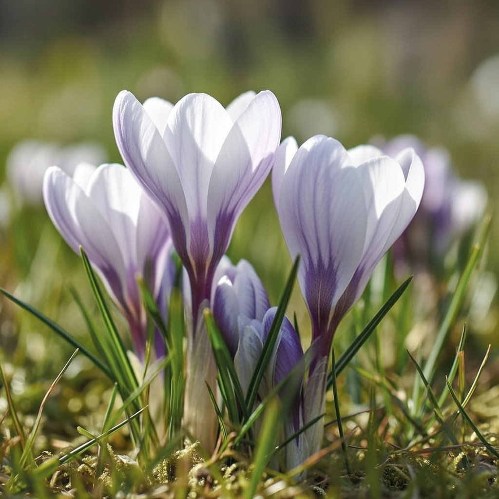 Nærbillede af vilde krokus 'Prins Claus' med tofarvede blomster (mørklilla ved basis gradvis til klart hvidt øverst) i græs. Produkt: Krokusløg, Vild krokus Prins Claus - 10 løg, producent Sperli, blomstrer fra februar.