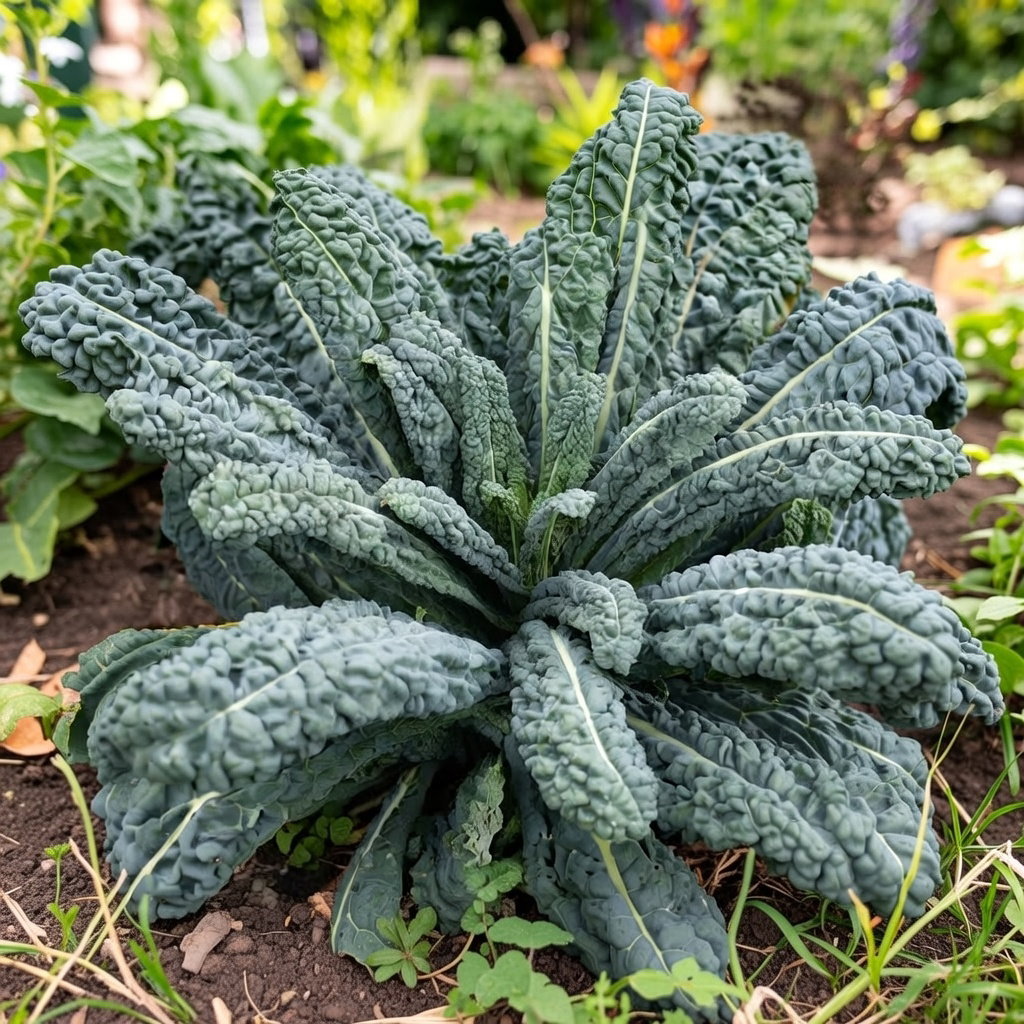 Palmekål 'Nero di Toscana' i køkkenhaven, tæt roset af lange, smalle, krusede mørkegrønne blade på mørk jord – frø til vinterhårdfør kål fra Horti Tops