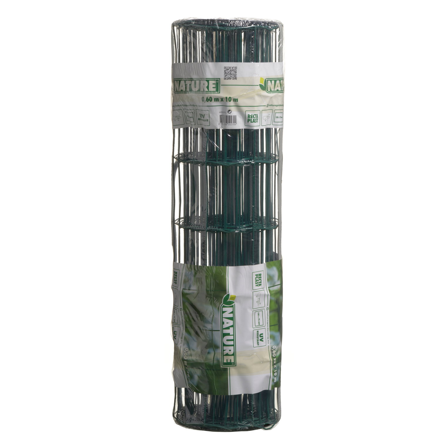 Galvaniseret trådhegn m. PVC grøn 100x75 mm - 60 cm x 10 m | Nature Rulle med Nature galvaniseret trådhegn med grøn PVC-belægning, rektangulære masker 100 x 75 mm, højde 60 cm og længde 10 m - vejrbestandigt og slidstærkt hegn til afgrænsning og sikring