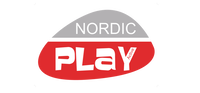 Nordic Play Active logo i rød og grå oval med teksten 'NORDIC' øverst og 'PLAY' i stor rød sektion