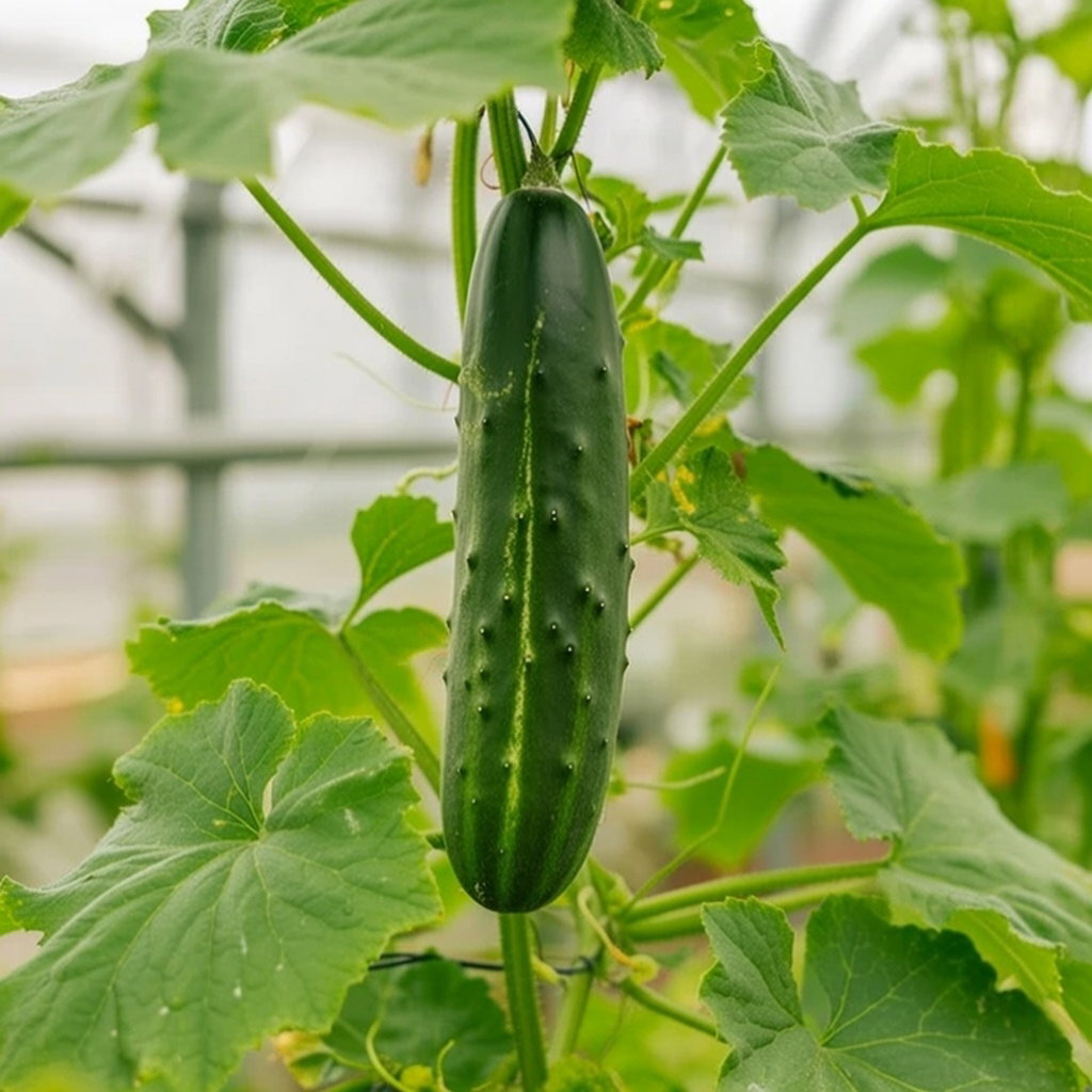 Økologisk Marketmore frilandsagurk hængende på planten i grønt løv – mørkegrøn, ensartet og med mild frisk smag. Buzzy Organic frø til friland, kan espalieres eller brede sig, høst juli-september, forspiring apr-maj, sås maj-juni.