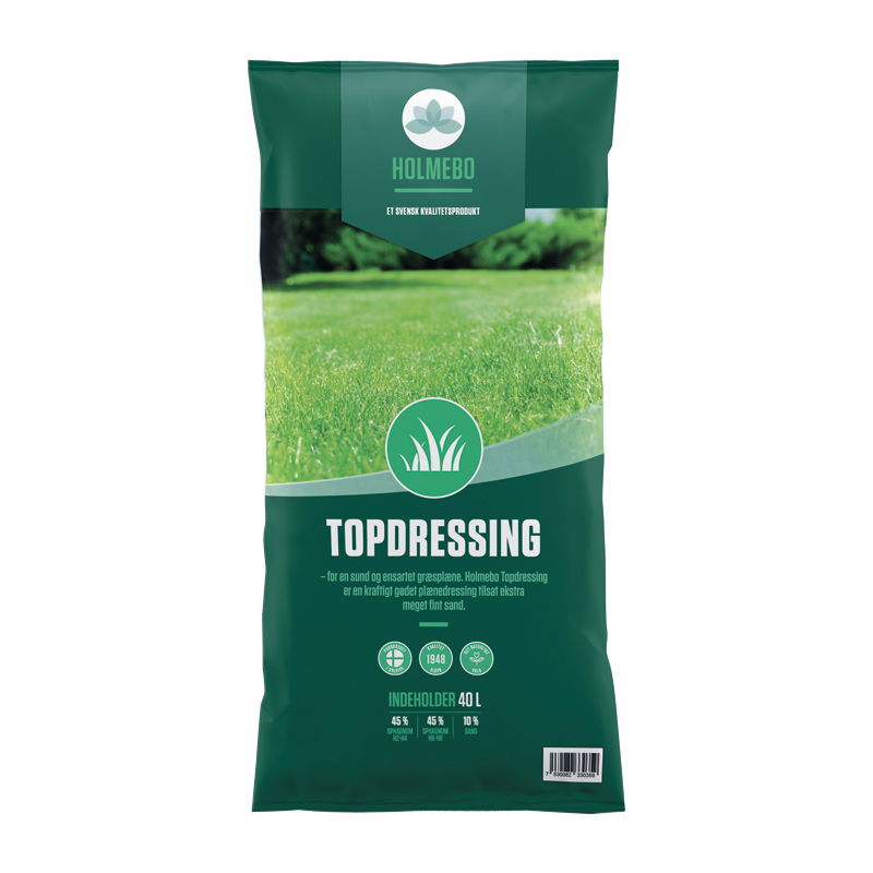 Billede af Holmebo Tørv Topdressing 40 L pose med grøn emballage, græsbillede og logo – topdressing sand til sund og jævn græsplæne, leveres som pakke 60 x 40 L