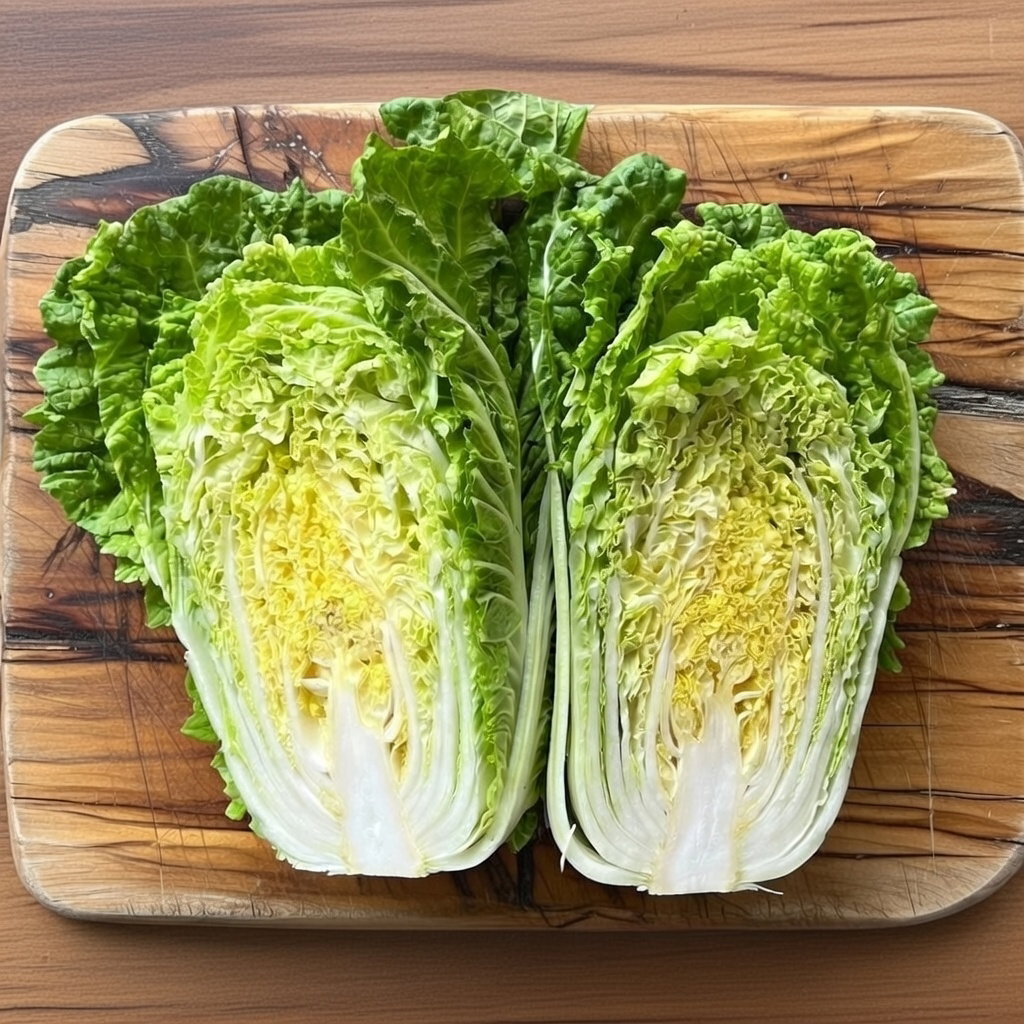 Skåret kinakål "Michihili" på skærebræt med lysegrønne, sprøde blade, der viser kålens form og struktur. Ideel til kimchi, wok, forårsruller og salater. Kinakål frø fra Horti Tops.