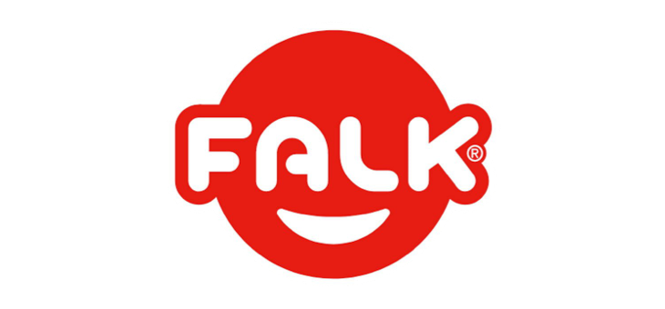 Rødt FALK-logo i cirkel med hvide bogstaver og hvidt smil på sort baggrund