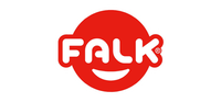 Rødt FALK-logo i cirkel med hvide bogstaver og hvidt smil på sort baggrund
