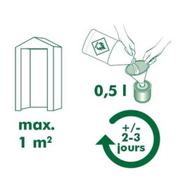 Brugsvejledning til 0,5 l træbeskyttelse Illustration af 0,5 l træbeskyttelse til 1 m², tørretid 2-3