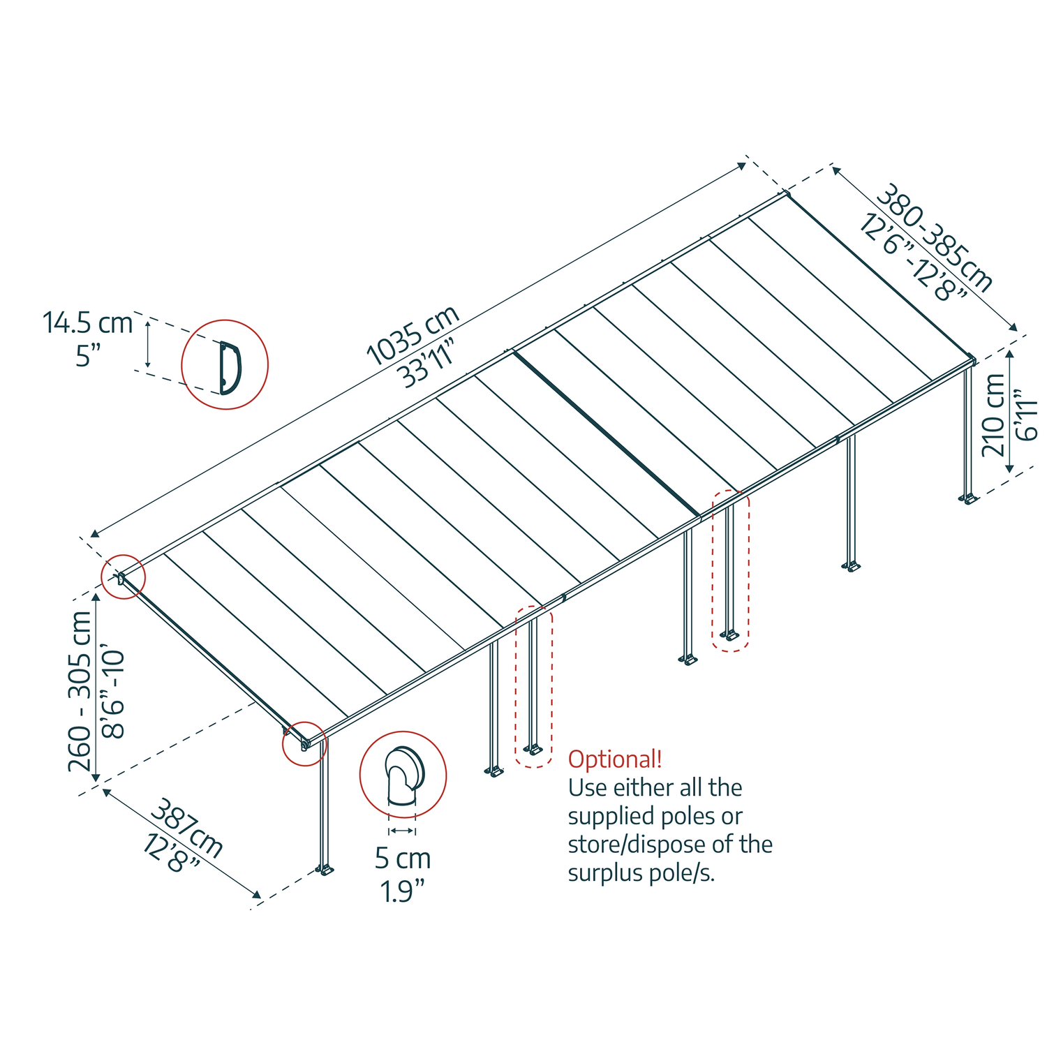 Teknisk tegning af rektangulær havepergola med mål