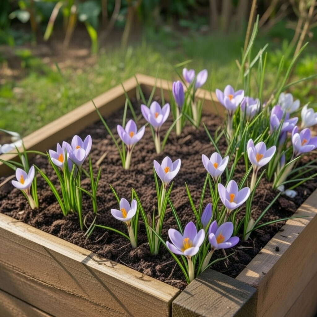 Vild krokus (tommasinianus) i lavendelhvide nuancer med lys gul midte i et plantebed, tidlig forår, rig på nektar og pollen – pakke med 15 løg fra Sperli