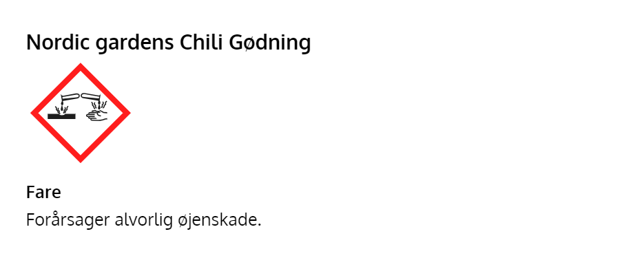 Nordic gardens Chili Gødning advarselsetiket Etiket til Nordic gardens Chili Gødning med ætsningsfare