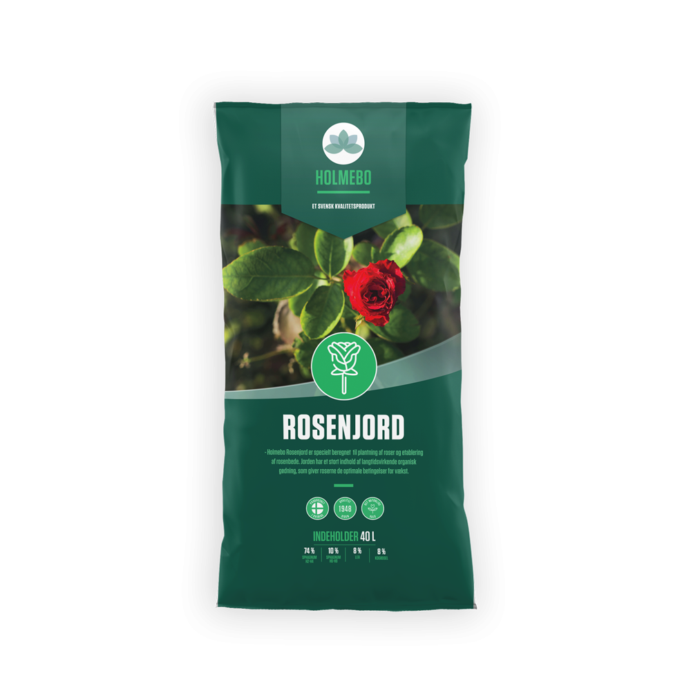 Grøn pose Holmebo rosenjord 40L med rød rose