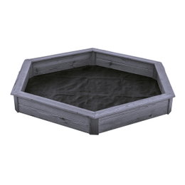 6-kantet sandkasse fra NORDIC PLAY Active, grundmalet i moderne grå, lavet af 100% PEFC-certificeret europæisk fyrretræ, mål ca. 182 x 156 cm, rummelig til flere børn