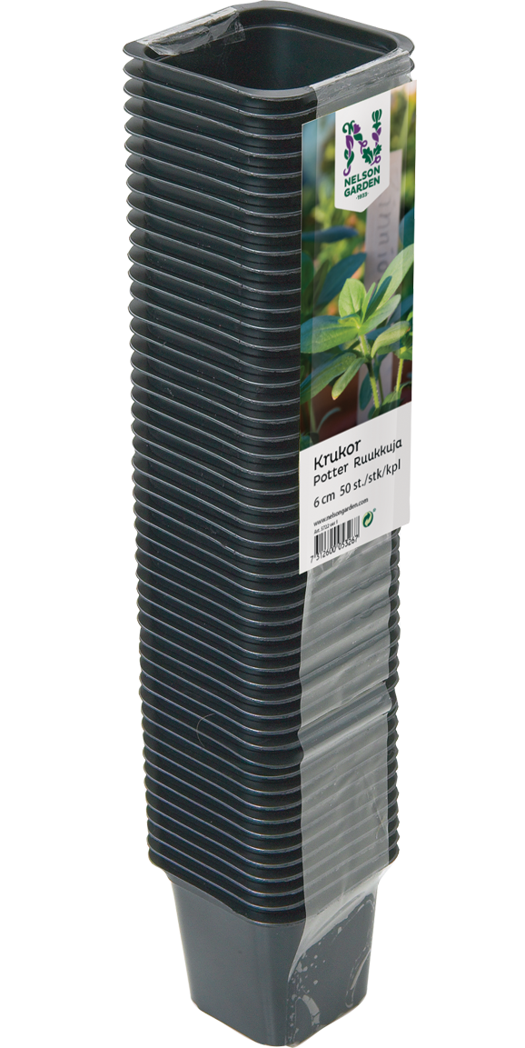 Nelson Garden sorte plastpotter 6 cm, 50 stk Stabel med firkantede sorte plastpotter 6 cm, 50 stk