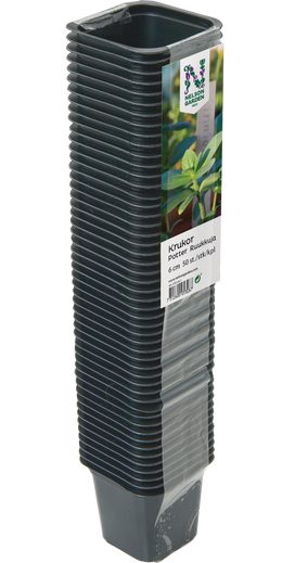 Nelson Garden sorte plastpotter 6 cm, 50 stk Stabel med firkantede sorte plastpotter 6 cm, 50 stk