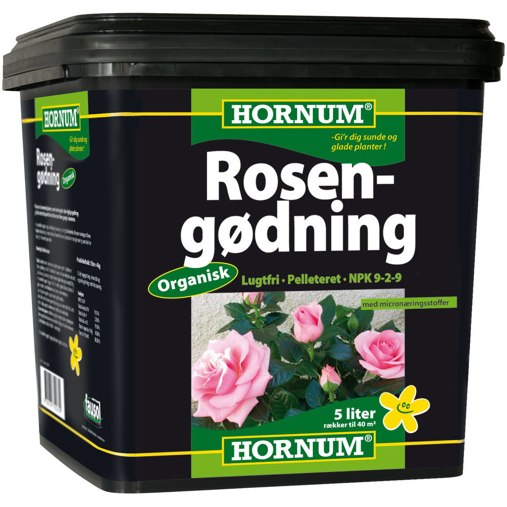 Spand med Hornum organisk rosengødning til roser