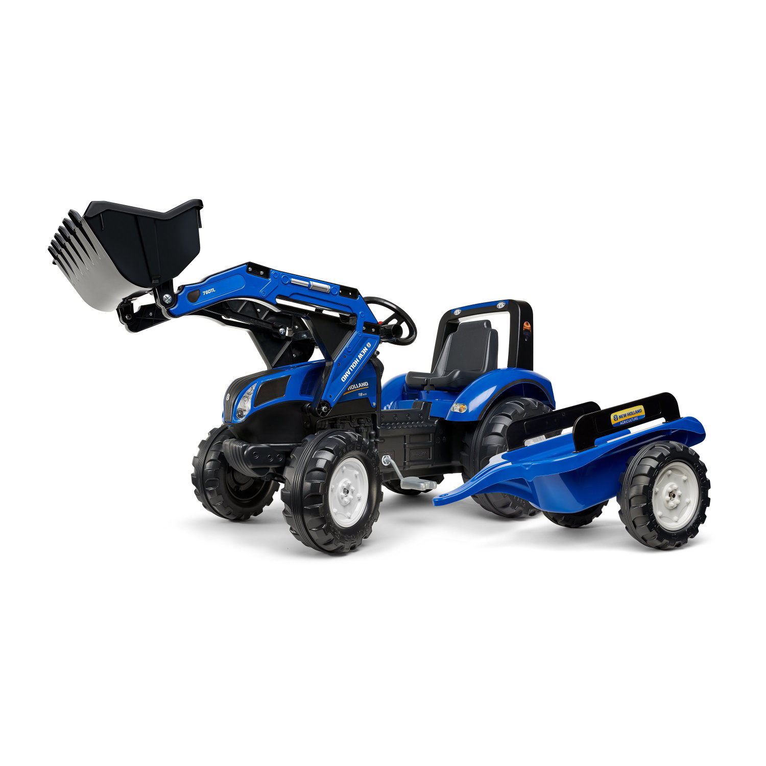 Blå pedaltraktor med frontlæsser og trailer Blå pedaltraktor til børn med læsseskovl og anhænger